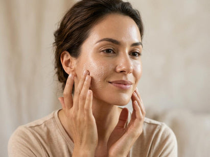 woman applying exfoliator to her face