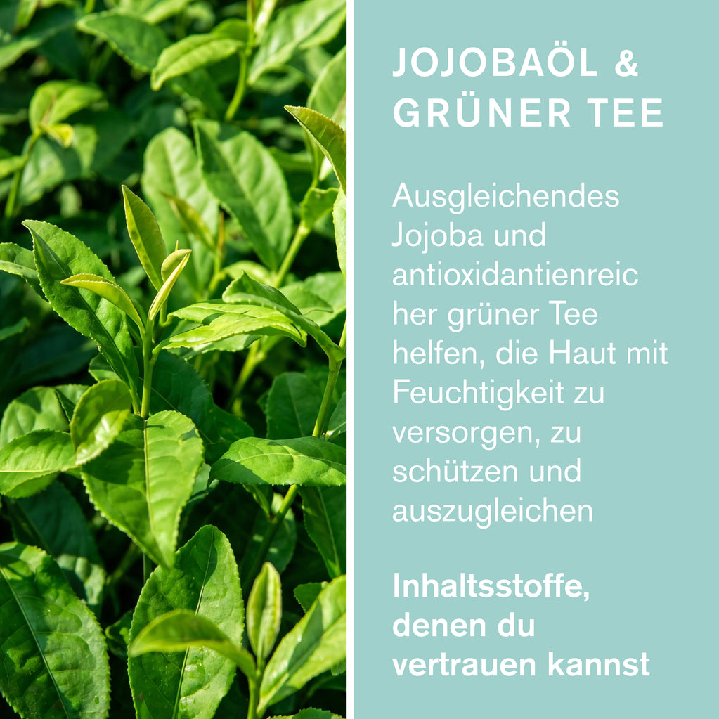 Teeblätter und Hinweise zu Jojoba Oil und Green Tea in der Green People Tagescreme LSF 15 für Feuchtigkeit und Schutz.