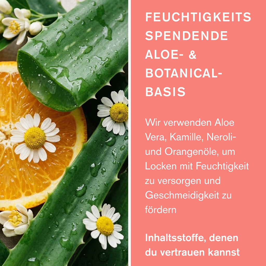 Aloe Vera, Orange und Chamomile illustrieren die feuchtigkeitsspendende Basis des Green People Feuchtigkeitsshampoos.