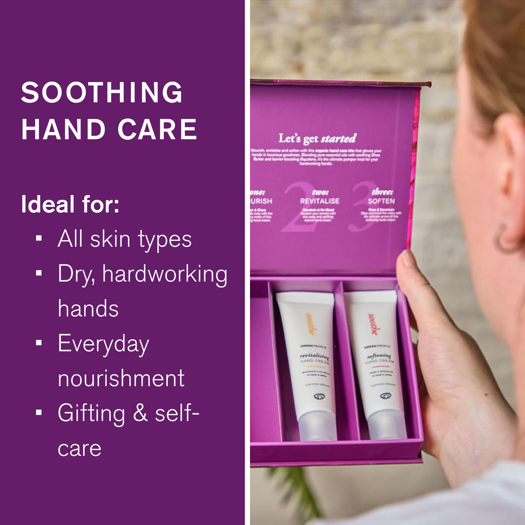 A person holds a purple gift set open, showing three hand cream tubes. Text on the left says Soothing Hand Care is ideal for all skin types, dry hands, and gifting.
