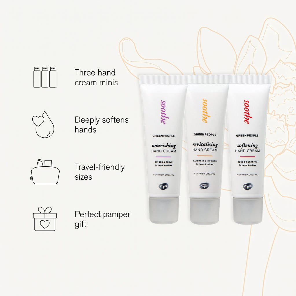 Three tubes of Green People hand cream: Nourishing, Revitalising, and Softening. Icons list benefits: three minis, deeply softens, travel-friendly, and perfect pamper gift.
