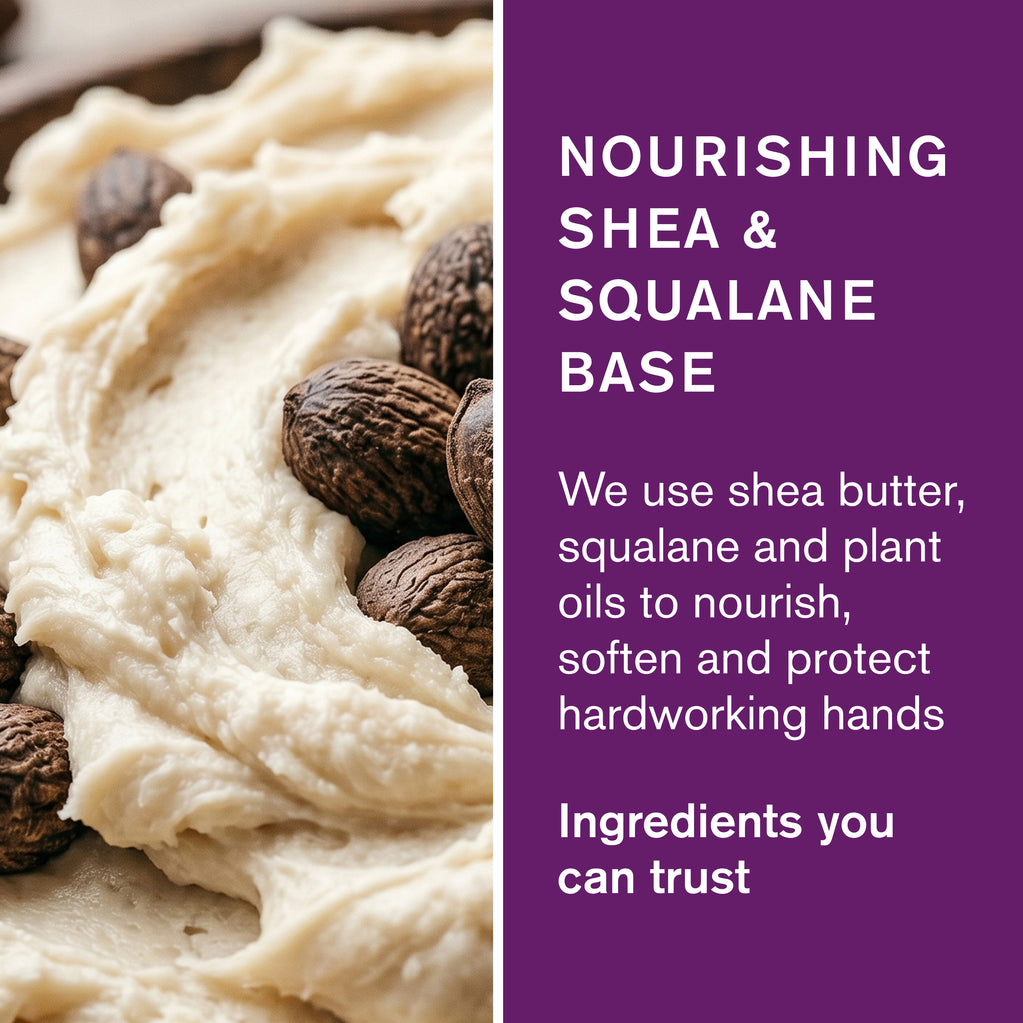 Close-up of creamy white shea butter texture with whole nuts. Text: Nourishing Shea & Squalane Base. We use shea butter, Squalane and plant oils to nourish and protect hands.