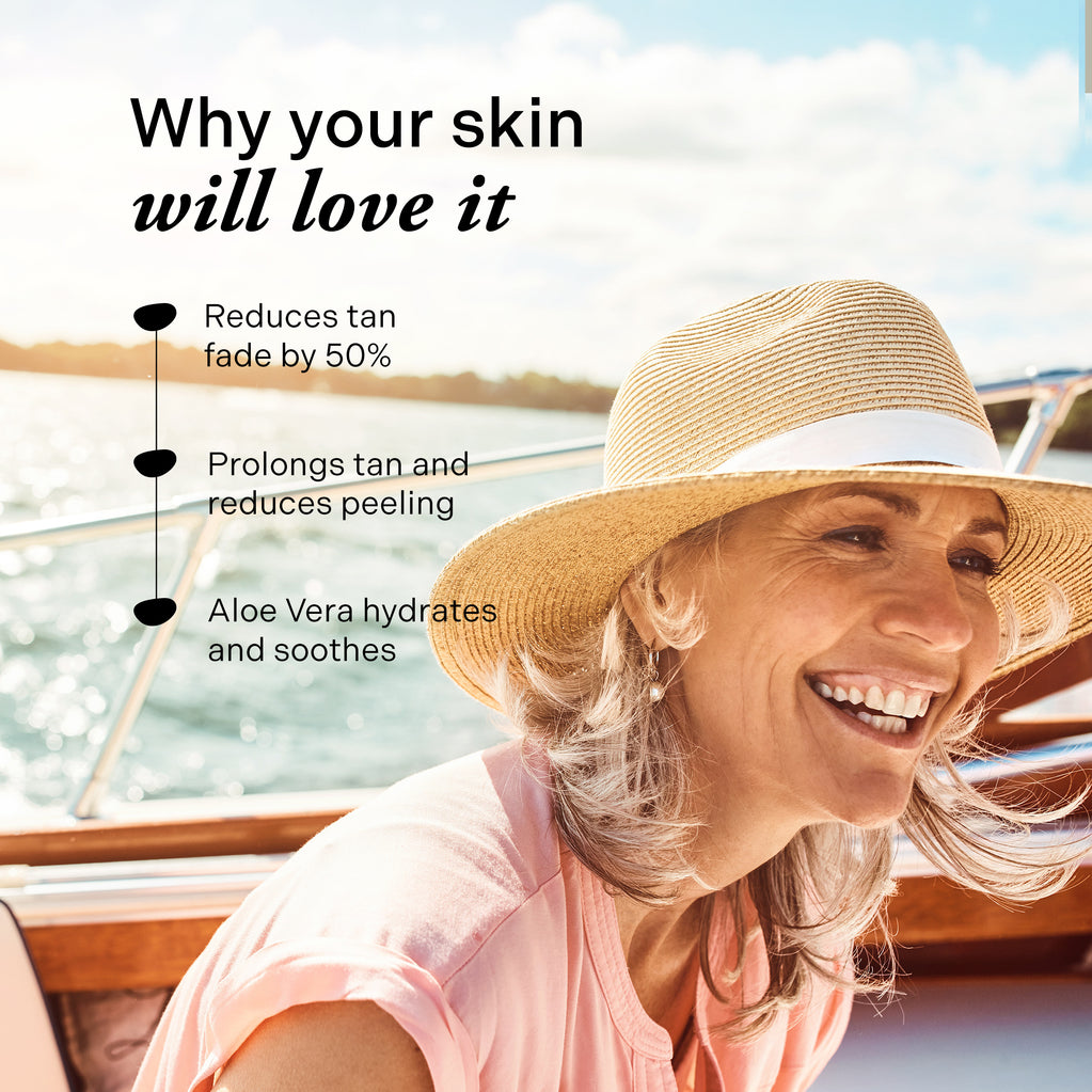 Una mujer sonriente con sombrero de paja en un barco bajo el sol destaca beneficios de Hydrating After Sun 200ml.