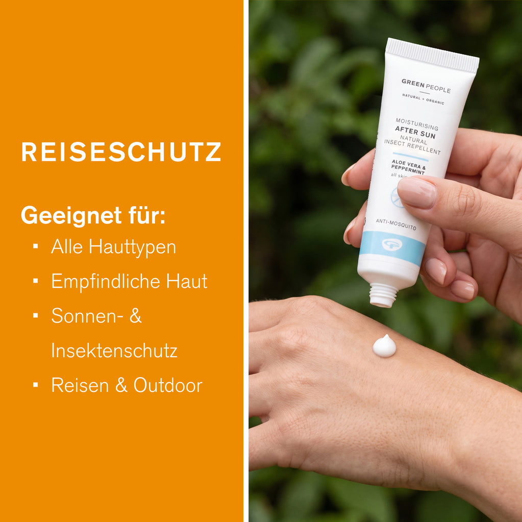Green People Bio-Sonnenschutz-Set: After-Sun-Lotion auf dem Handrücken, geeignet für empfindliche Haut und Reisen.