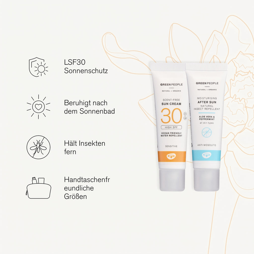 Green People Bio-Sonnenschutz-Set mit Sonnencreme LSF 30 und beruhigender After-Sun-Pflege zur Insektenabwehr.