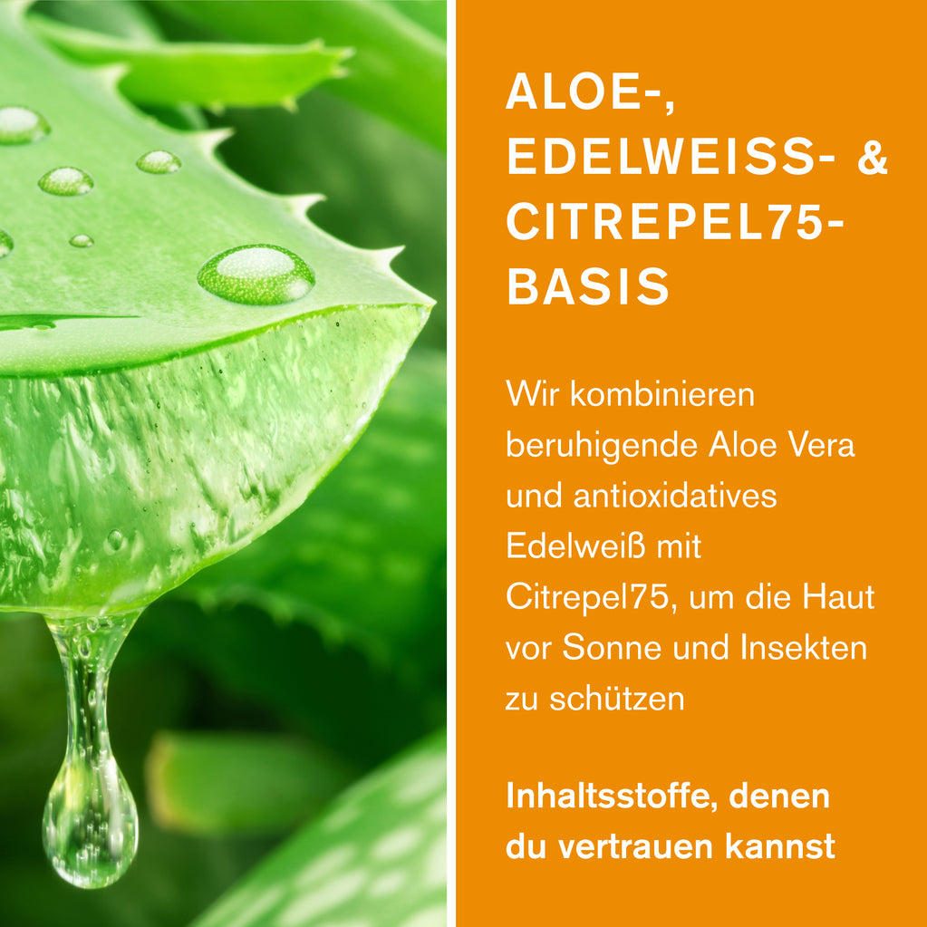Green People Bio-Sonnenschutz-Set: Aloe-Vera-Blatt mit Gel und Hinweise auf Aloe Vera, Edelweiss und Citrepel75.