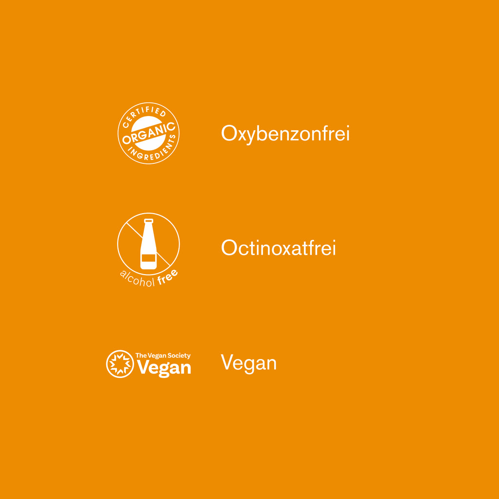 Orange Infografik zum Green People Bio-Sonnenschutz-Set: vegan, ohne Oxybenzone und Octinoxate.