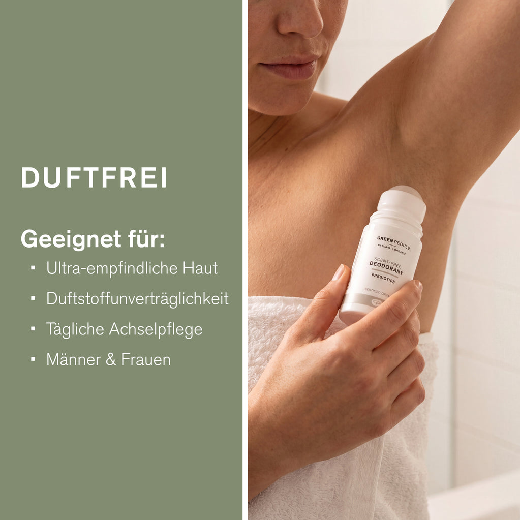 Eine Person trägt Green People Duftfreies Deodorant auf die Achsel auf, geeignet für sehr empfindliche Haut.