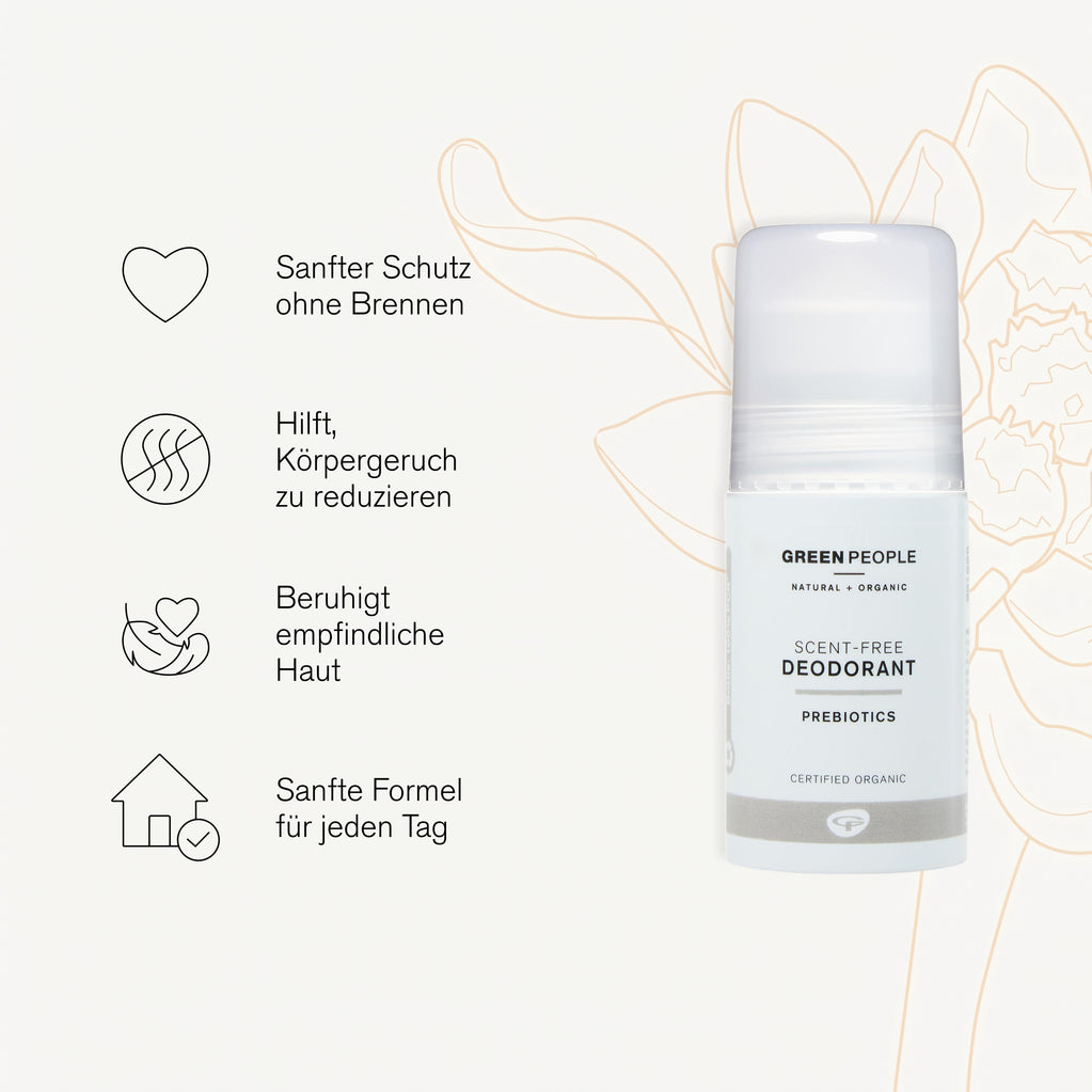 Duftfreies Deodorant von Green People, 75 ml, mit Hinweisen auf sanften Schutz ohne Brennen und weniger Körpergeruch.