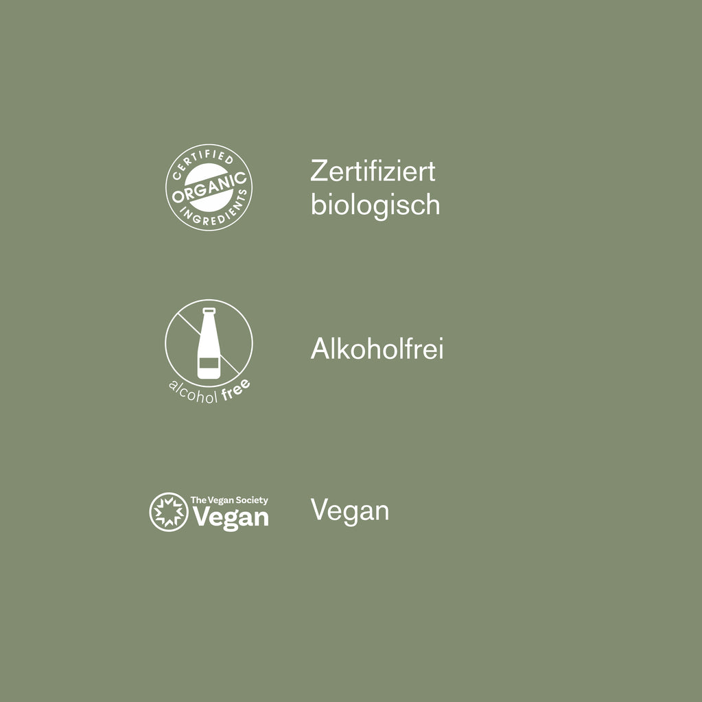 Symbole für das duftfreie Deodorant von Green People, 75 ml: zertifiziert biologisch, alkoholfrei und vegan.