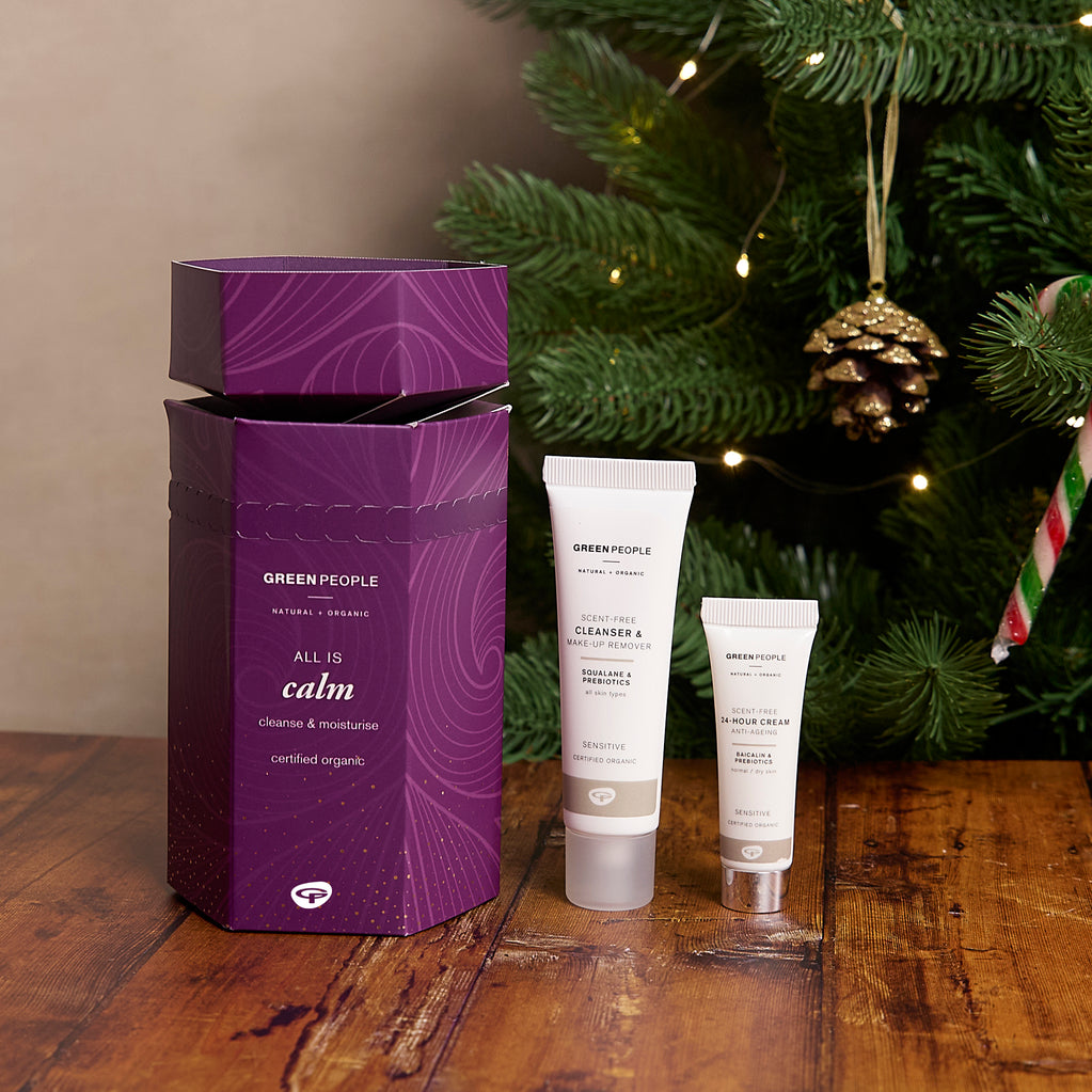 All is Calm Christmas skin care gift with Christmas tree and decorations