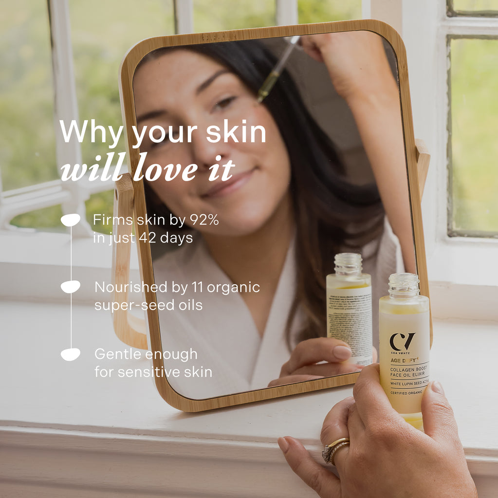 Una mano sostiene una botella de Age Defy+ Collagen Boost Face Oil Elixir, mientras una mujer aplica el producto en un reflejo de espejo.