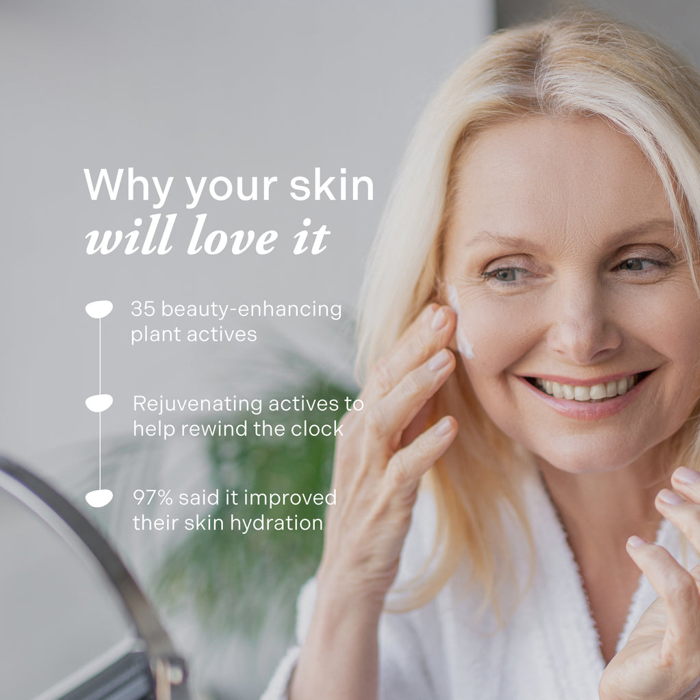 A smiling mature woman applies Age Defy+ Hydra-Glow Night Cream to her cheek.