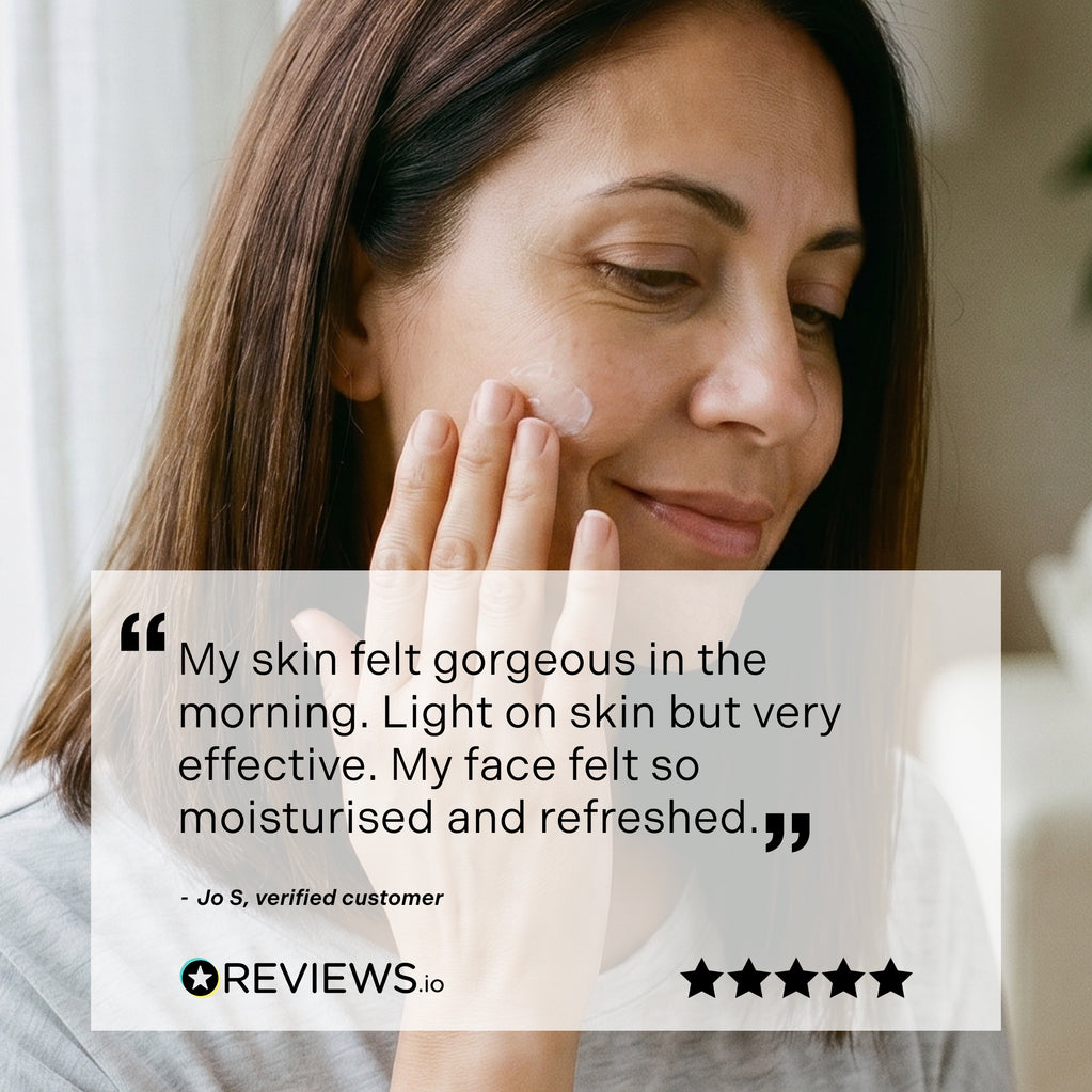 A smiling woman applies Age Defy+ Hydra-Glow Night Cream to her cheek alongside a glowing customer review overlay.