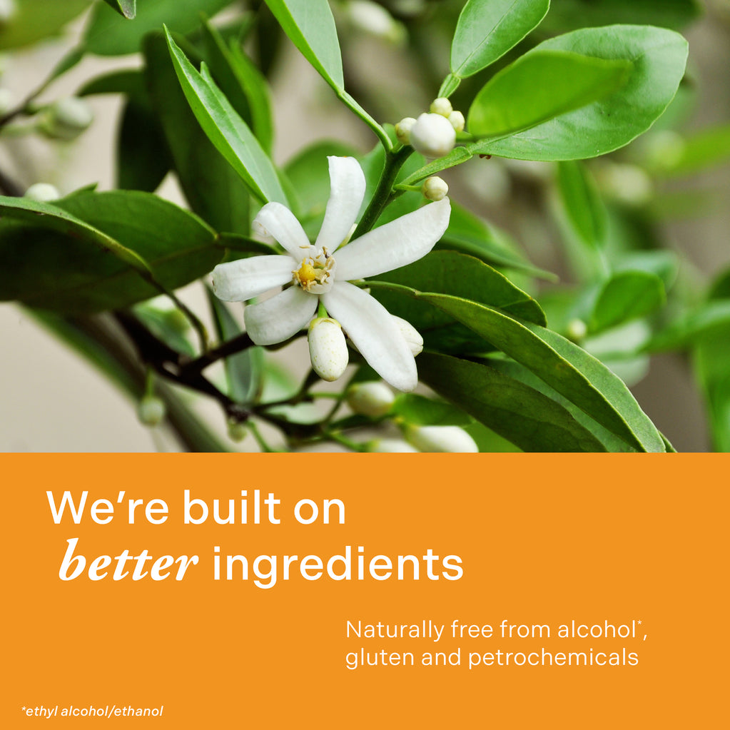 Flor de cítrico blanca con hojas verdes, representando los ingredientes naturales del Age Defy+ Collagen Boost Vitamin C Serum.